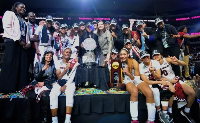 SC Gamecock's and Coach Dawn Staley Celebrate their National Championship Win - Photo Courtesy of the SC Gamecocks Women's Basketball and GamecocksOnline.com