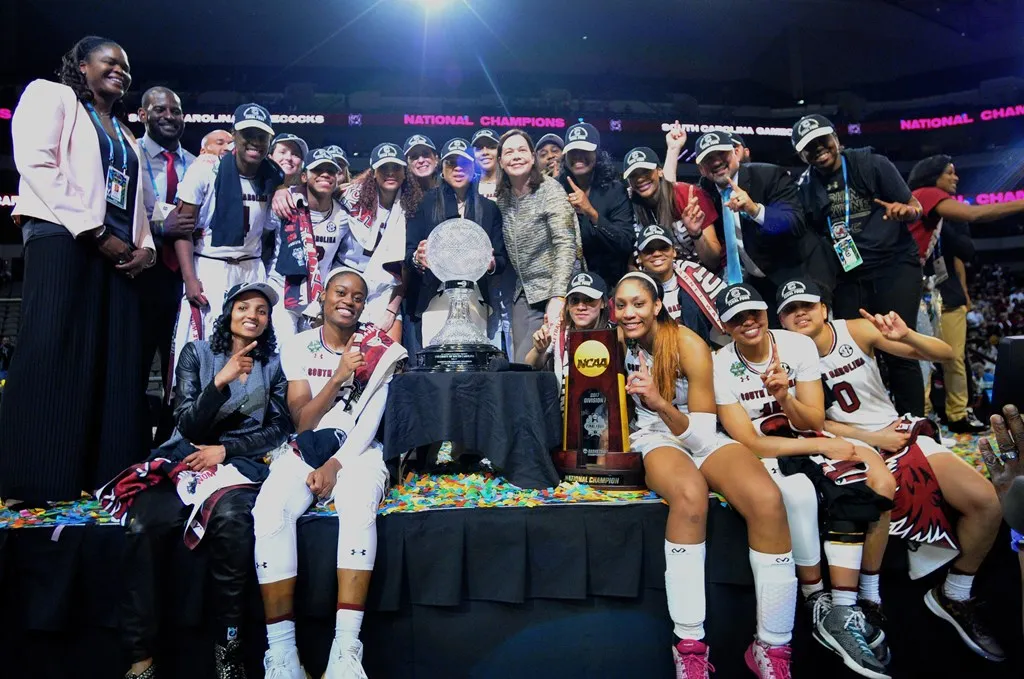 SC Gamecock's and Coach Dawn Staley Celebrate their National Championship Win - Photo Courtesy of the SC Gamecocks Women's Basketball and GamecocksOnline.com